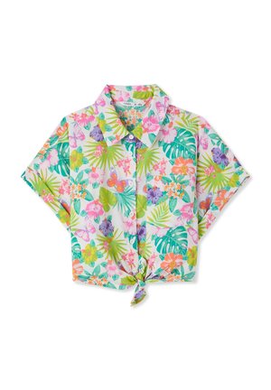 Camicia a maniche corte con bottoni, stampa floreale tropicale colorata con farfalle, dettaglio annodato sul davanti e colletto appuntito.
