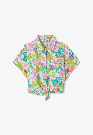 Camicia a maniche corte con bottoni, stampa floreale tropicale colorata con farfalle, dettaglio annodato sul davanti e colletto appuntito.
