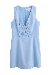 Hellblaues ärmelloses Kleid mit tiefem V-Ausschnitt, ausgestattet mit zwei großen Schleifen an der Vorderseite und einem Reißverschluss im Rücken. Glatte Stoffstruktur.