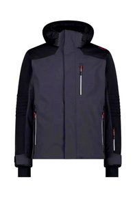 Giacca con cappuccio grigio scuro e nero con tasche sul petto e sui lati con cerniera, tiralampo rossi e dettagli a coste su maniche e polsini.