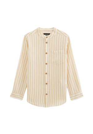 Chemise à rayures à manches longues de couleur jaune clair et blanche, en textile, avec un col rond, une poche avant et une fermeture à boutons.