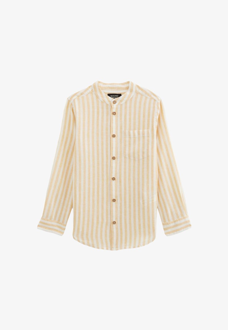 Chemise à rayures à manches longues de couleur jaune clair et blanche, en textile, avec un col rond, une poche avant et une fermeture à boutons.