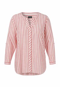 Leichte, rot-weiß gestreifte Bluse mit Knopfleiste, V-Ausschnitt, Dreiviertelärmel und abgerundetem Saum. Leinenähnliche Textur.