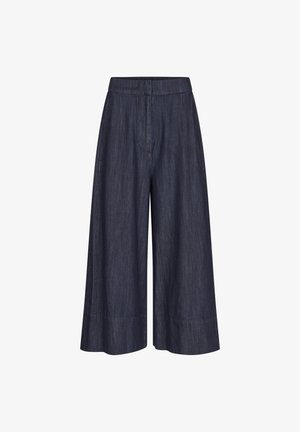 Dunkelblaue Denim-Culottes mit lockerer Passform, weit geschnittenen Beinen und einem flachen Bund. Sie zeichnen sich durch eine subtile vertikale Textur und gerade Saumabschlüsse aus.