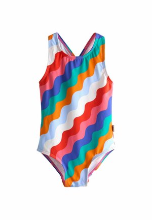 Maillot de bain une pièce coloré à rayures ondulées rouges, orange, bleues, violettes, vertes, blanches et roses sur fond blanc.