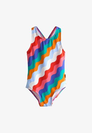 Barevné jednodílné plavky s vlnitými pruhy v červené, oranžové, modré, fialové, zelené, bílé a růžové barvě na bílém pozadí.