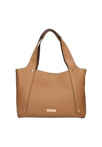 Borsa a mano in pelle color tan con una texture morbida, design senza chiusura e due tracolle. Presenta dettagli in metallo dorato e accenti laterali.