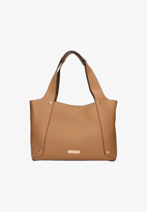 Borsa a mano in pelle color tan con una texture morbida, design senza chiusura e due tracolle. Presenta dettagli in metallo dorato e accenti laterali.