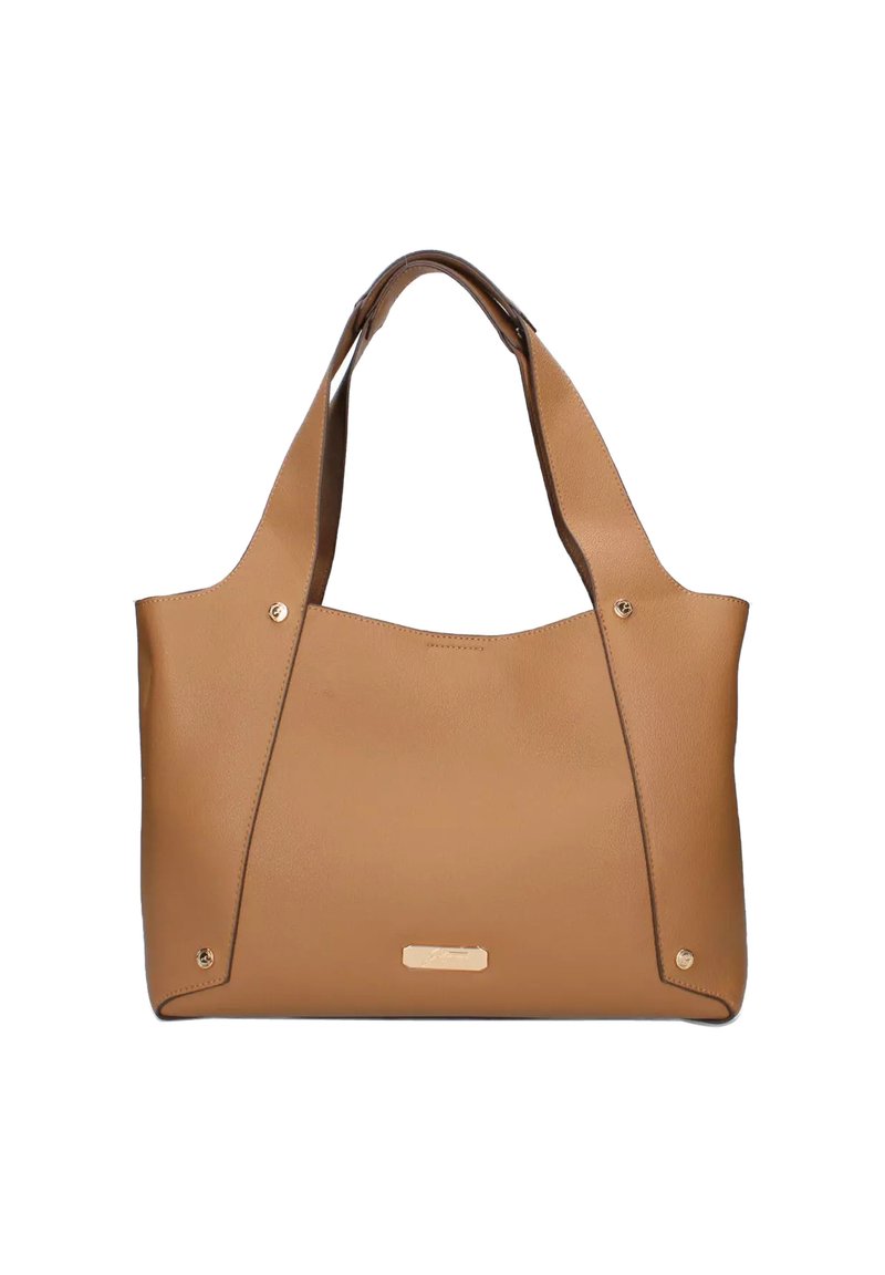 Borsa a mano in pelle color tan con una texture morbida, design senza chiusura e due tracolle. Presenta dettagli in metallo dorato e accenti laterali.