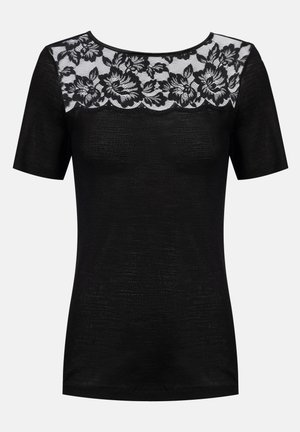 Zwart top met korte mouwen en een bloemenkant inzetstuk bij de halslijn. Textuurstof met een aangesloten silhouet.