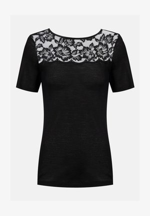 Zwart top met korte mouwen en een bloemenkant inzetstuk bij de halslijn. Textuurstof met een aangesloten silhouet.