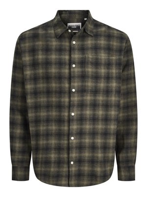 Camicia a maniche lunghe con bottoni, motivo a quadri sfocati in verde scuro e nero, colletto appuntito, taschino sul petto e bottoni bianchi.