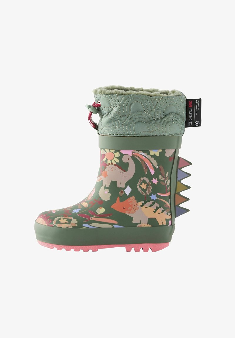 Botte de pluie verte pour enfants avec motif de dinosaure, semelle rose, manchette matelassée et détails colorés en forme de pointes sur le talon.