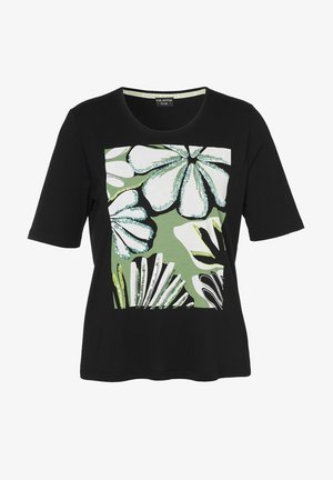 Zwarte T-shirt met korte mouwen, voorzien van een gedurfde bloemenprint in groen, wit en zwart met decoratieve accenten. Ronde halslijn, ontspannen pasvorm.