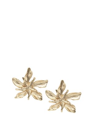 Gold-colored metal flower-shaped earrings with textured petals, shown on a white background.