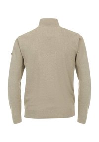 Beige Pullover mit hohem Kragen, langen Ärmeln, gerippten Bündchen und Saum. Weicher Stoff mit glatter Oberfläche, minimaler Gestaltung.