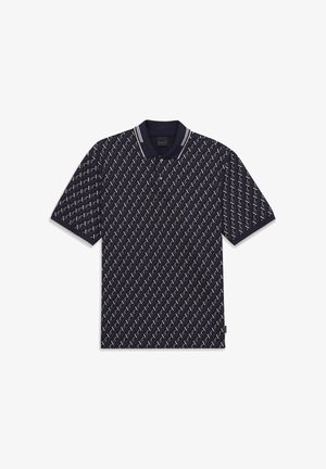 Marineblaues Poloshirt mit kurzen Ärmeln, geometrischem diagonalem Muster in Hellgrau und Weiß, gestreiftem Kragen und Dreiknopfleiste.