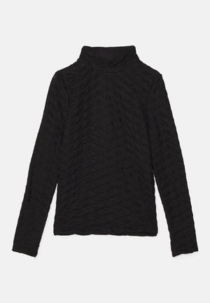 Black long-sleeve turtleneck with a textured wave pattern, featuring a relaxed fit and smooth fabric. No visible hardware or accents.