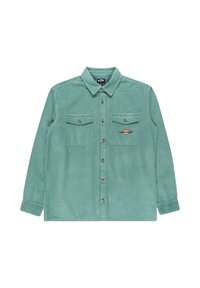 Green corduroy shirt with long sleeves, button closure, two front pockets, and a decorative patch on the left chest. Textured fabric.