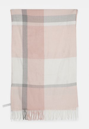 Écharpe en tissu doux avec un grand motif à carreaux dans des tons rose, blanc et gris, ornée de franges sur un bord.