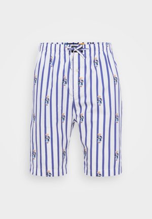 Hvit svømmebukse for menn med vertikale blå striper og bamsemønster. Har elastisk linning og snøring.