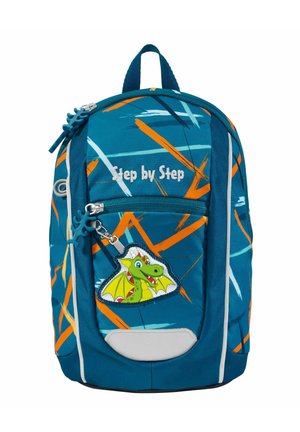 Blue backpack with orange and turquoise abstract patterns, featuring a dragon patch and zip closure with decorative pull tabs.
