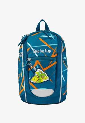 Blauer Rucksack mit orangefarbenen und türkisfarbenen abstrakten Mustern, mit einem Drachenaufnäher und Reißverschluss mit dekorativen Zuglaschen.