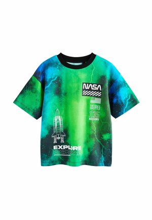 Blue and green space-themed t-shirt with NASA logo, space shuttle graphic, American flag, and text "Explore" and "135 missions" on front.