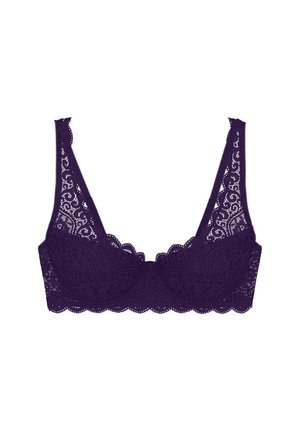 Purple lace underwire bra with floral patterns and scalloped edges on straps and band, displayed against a white background.