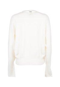 Witte lange mouwen sweater met geribde zoom en manchetten, van achteren getoond op een plain witte achtergrond.