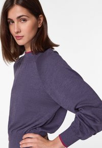 Paarse gebreide trui met een ronde hals, geribbelde manchetten en een licht aansluitende taille. Met contrasterende magenta accenten bij de manchetten.
