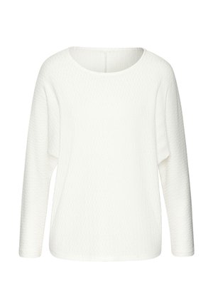 Pull blanc texturé à manches longues avec col rond et coupe décontractée, présenté sur un fond uni.