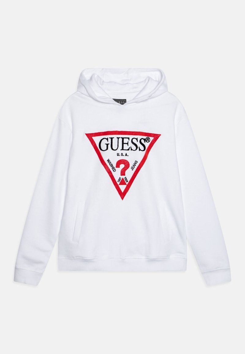 Sweat à capuche blanc avec un grand logo en triangle rouge avec "GUESS" en noir et du texte supplémentaire. Tissu doux, coupe standard et poche frontale kangourou.