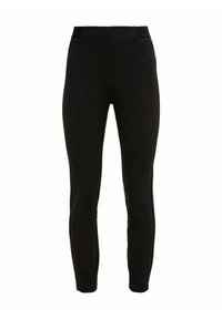 Pantaloni neri slim-fit con vita alta e sottili cuciture verticali, mostrati su uno sfondo bianco.