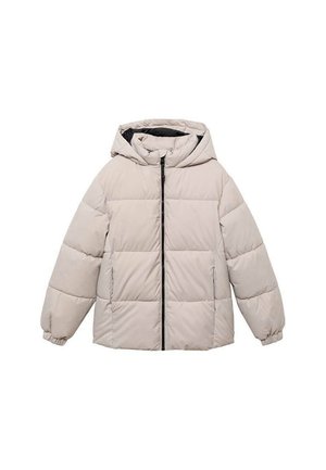 Giacca imbottita beige con cappuccio, polsini elasticizzati e zipper frontale nero. Presenta sezioni trapuntate per l'isolamento e una superficie liscia.
