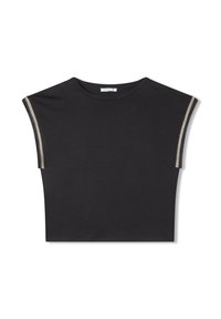 T-shirt nera corta realizzata in un tessuto morbido, con maniche corte e dettagli a strisce metalliche dorate e argentate lungo le cuciture delle spalle.