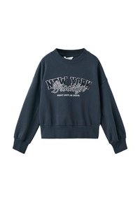 Felpa blu navy con polsini e orlo a coste, con il testo stampato "NEW YORK Brooklyn BRIGHT LIGHTS, BIG DREAMS" sul davanti.