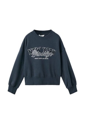 Dunkelblaues Sweatshirt mit gerippten Bündchen und Saum, bedruckter Text "NEW YORK Brooklyn BRIGHT LIGHTS, BIG DREAMS" auf der Vorderseite.