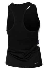 Canotta atletica nera con una texture liscia, caratterizzata da un design a schiena scoperta e sezioni di strisce di accento bianche e blu. Etichetta del marchio visibile.