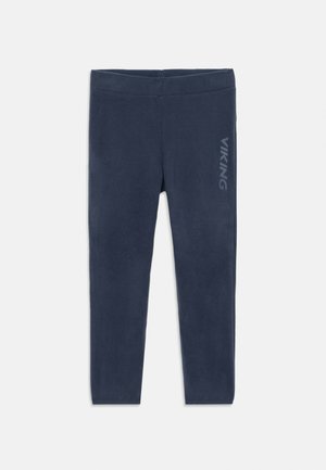 Tengerészkék fleece legginszek sima textúrával, széles derékpánttal és függőleges "VIKING" logóval a bal oldalon.
