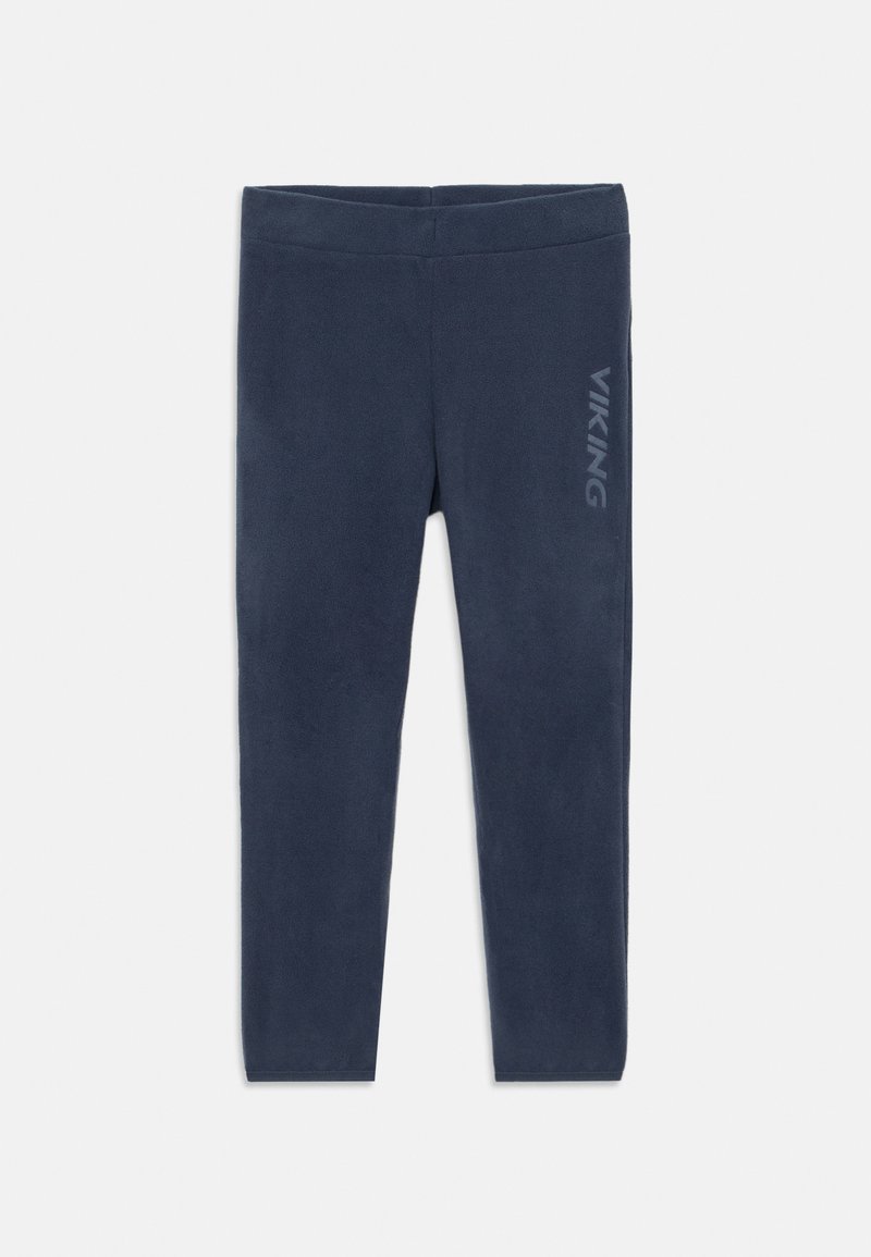 Navy Fleece-Leggings mit samtiger Textur, ausgestattet mit einem breiten Bund und einem vertikalen "VIKING"-Logo auf der linken Seite.
