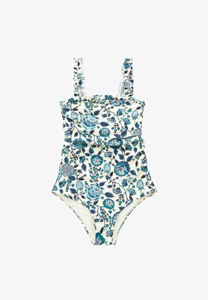 Enodelni kopalni kostum z cvetličnim vzorcem v odtenkih modre in zelene na kremnem ozadju. Ima nabrane naramnice in zbrano telo.