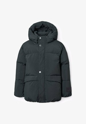 Schwarze Puffjacke mit Kapuze, gestepptem Design, Druckknopfverschluss vorne und zwei großen Taschen. Verfügt über strukturierten Stoff und elastische Bündchen.