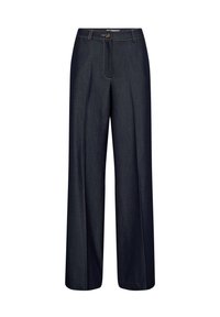 Sötét farmervászonból készült, bő szárú nadrág, magas derékkal, elülső redőkkel és kontrasztvarrással. Gombos lezárással és övcsíptetőkkel rendelkezik.