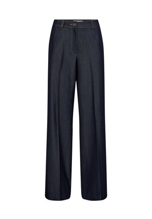 Tumedast denimist laiade säärtega püksid, millel on kõrge vöökoht, ees voldid ja kontrastsed õmblused. Omavad nööpkinnitust ja vööaasasid.