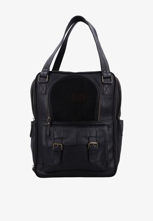 Czarna skórzana torba dla zwierząt z wentylacją z siatki, przednią kieszenią na klamrę, podwójnymi górnymi uchwytami oraz bocznymi kieszeniami na zamek.