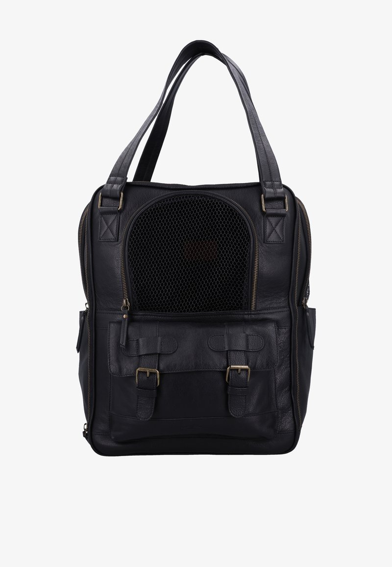 Zwarte leren draagtas voor huisdieren met gaasventilatie, voorklepzak met gesp, dubbele bovenhandvatten en zijritsvakken.