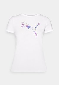 Bílá bavlněná tričko s barevným květinovým vzorem loga Puma ve středu. Krátké rukávy a přiléhavý střih.