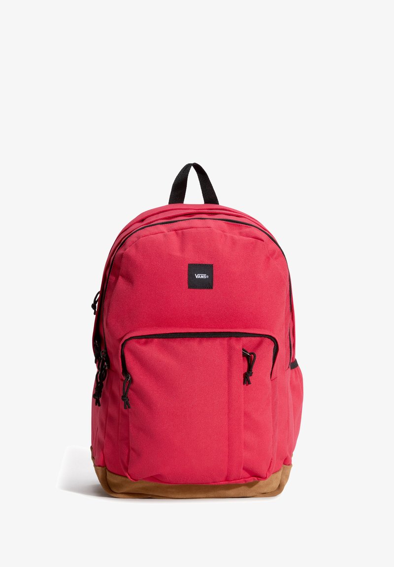 Zaino in tessuto rosso con cerniere nere, una tasca frontale e fondo beige. Caratterizzato da spallacci imbottiti e una maniglia superiore per il trasporto.
