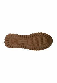 Brown rubber shoe sole with textured tread, featuring a logo in the center. The design includes circular and rectangular patterns for grip.